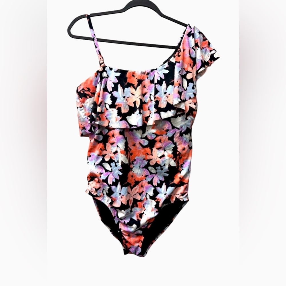 Time and Tru Floral One Piece Swimsuit - Black, Pink, Orange size XL
